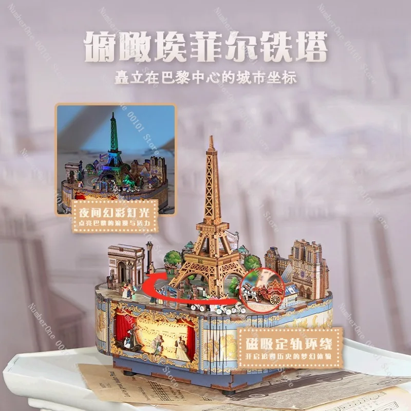 Music Box Kit Paris Melody DIY 3D Wooden Puzzle Building Model Birthday Gift for Girls Women