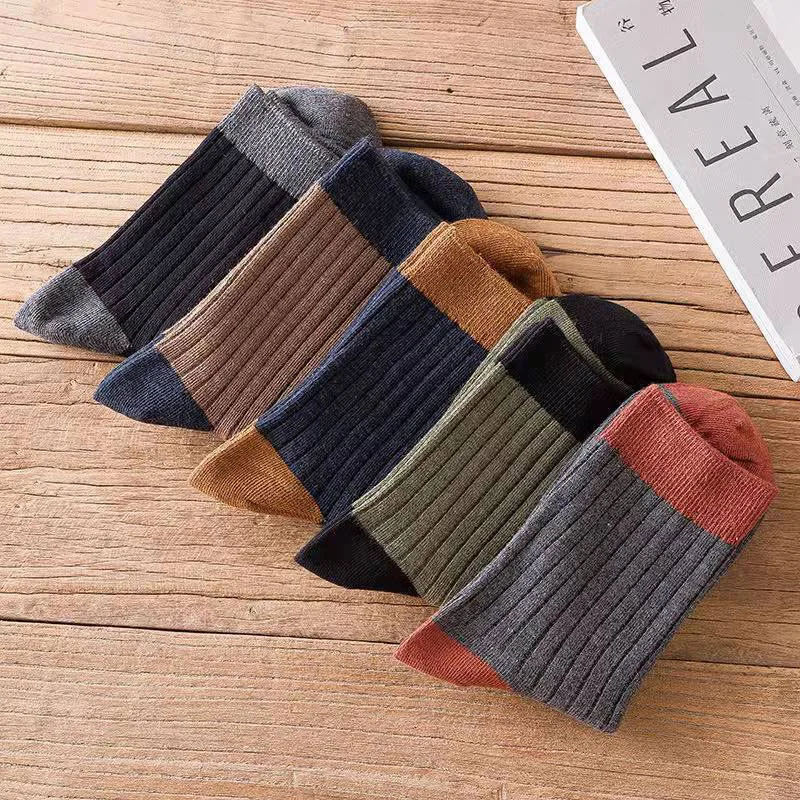 5 Pairs Autumn Winter Men Thickened Warm Socks High Quality Versatile Vintage Warm Comfortable Striped Mid Tube Sports Socks