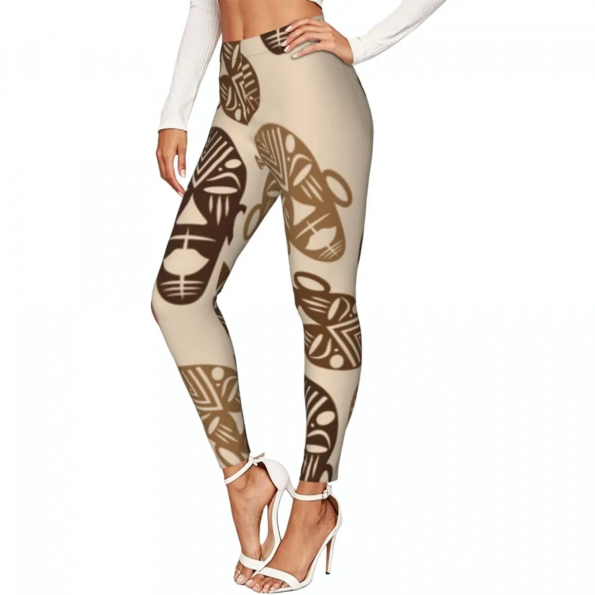 Casual Ladies Slim Leggings African Ethnic Tribal Mask Pattern Elastic High Waist Sports Daily Wear Trousers