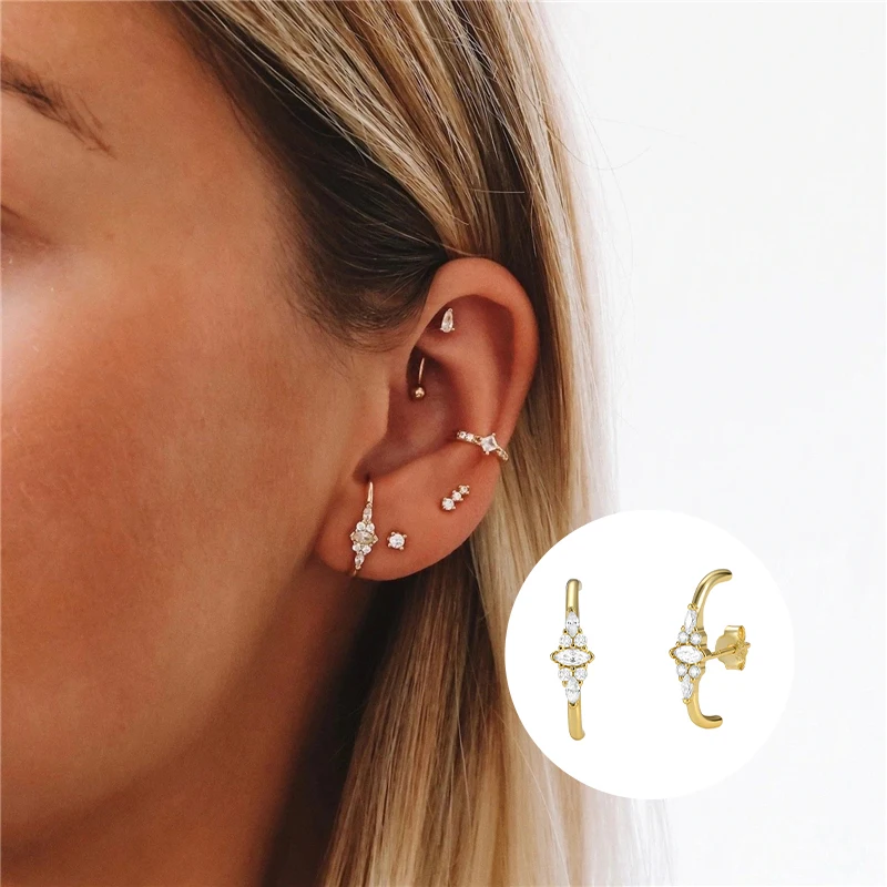 CANNER Bạc 925 Mạ Vàng 18K Zircon Màu Trắng Xuyên Bông Tai Nữ Bao Quanh Earlobe Trang Sức Pendientes