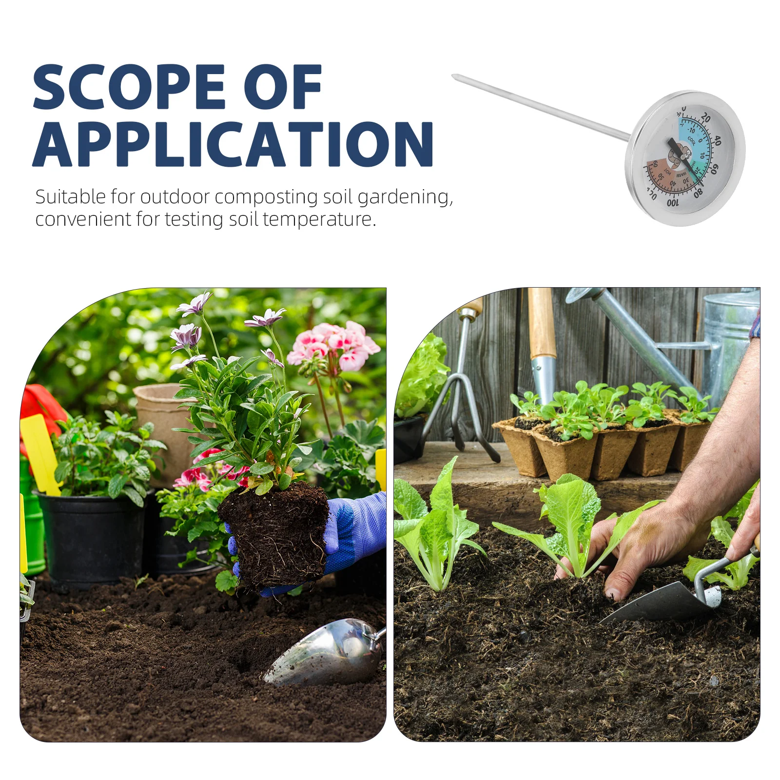 ميزان حرارة التربة من الفولاذ المقاوم للصدأ، نطاق درجة حرارة واسع متين، سهل الاستخدام، أداة البستنة الخارجية المحمولة باللون الفضي