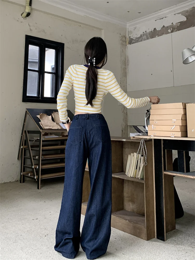 Spring and Autumn Korean-style dark navy jeans for women high-waisted pleated wide-leg floor-length loose-fitting slimming and figure-flattering