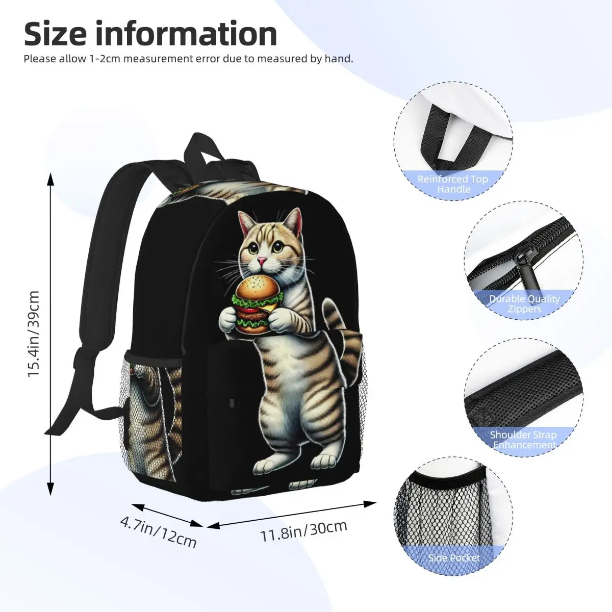 A Cat Eating A Hamburger Backpack Daypack Large Capacity Boys Girls BookBag Shoulder Bags for Men Women Kids School Bag