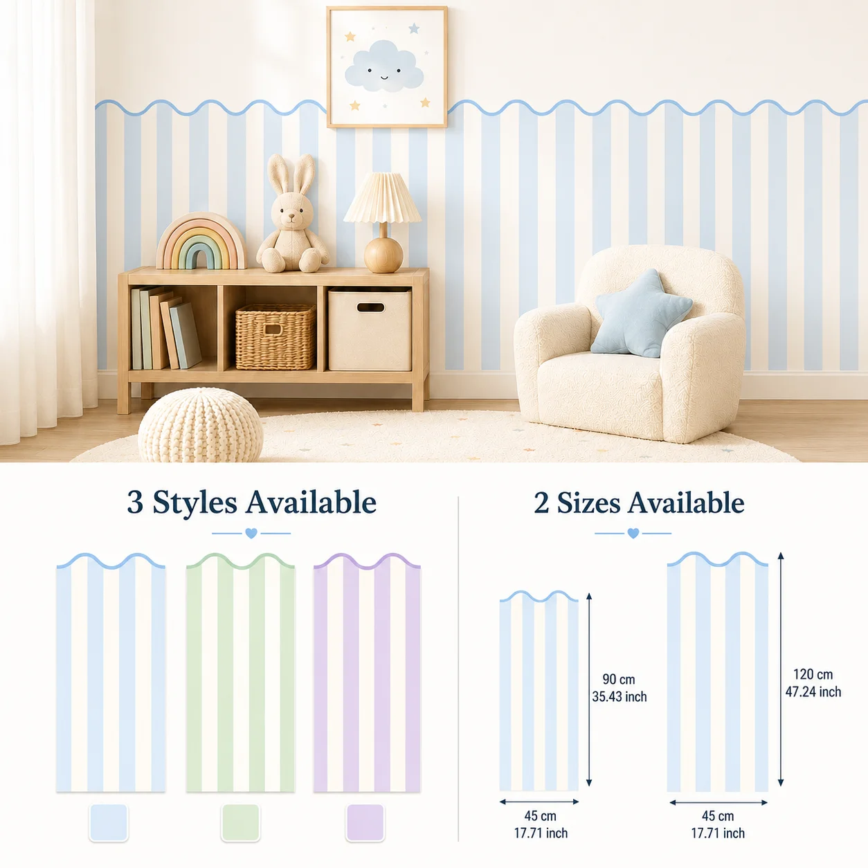Wavy Edge Striped Peel Stick Wallpaper Self Adhesive Removable Wall Decor 3 Hues 2 Sizes