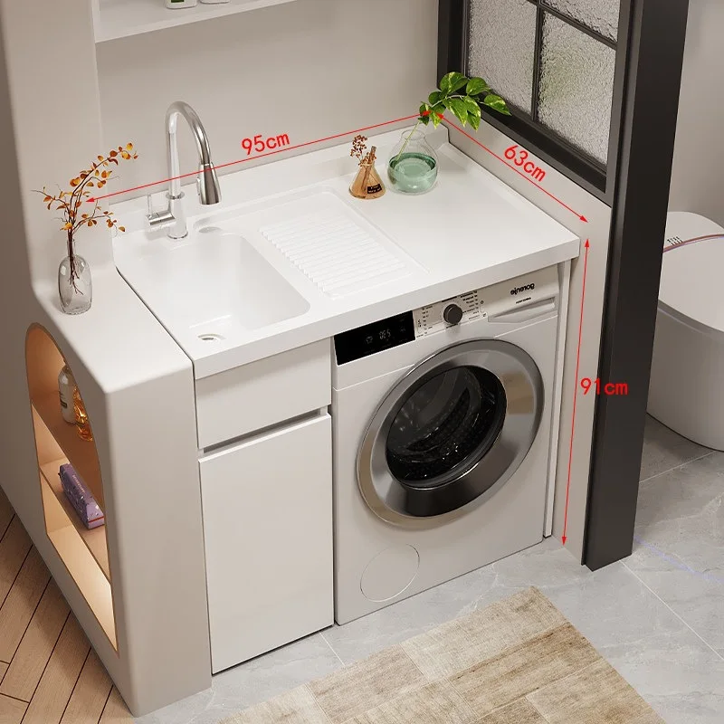 All-in-One Balcony Laundry Cabinet, Washing Machine Storage Organizer with Sink and Washboard