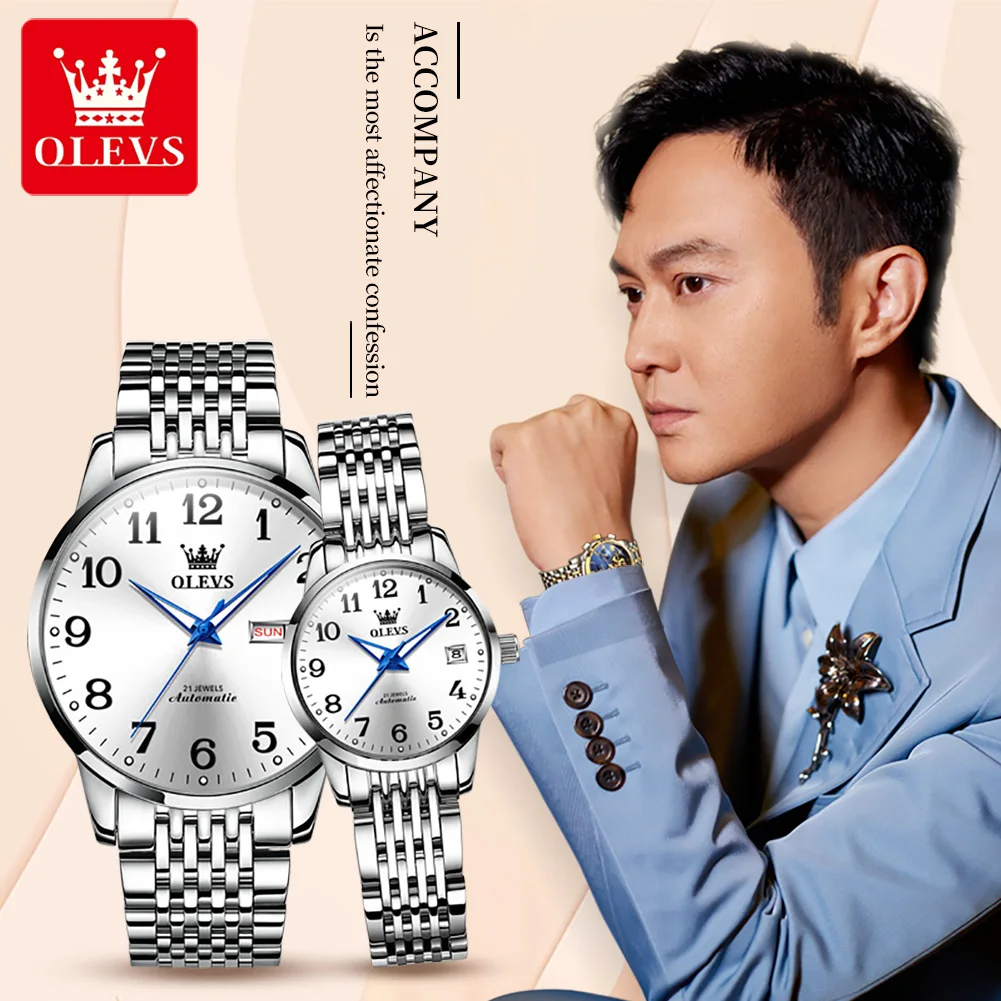 OLEVS Valentines Couple Pair mechanical watch auto watches for his her Casual watch for lovers Wedding Romantic gifts