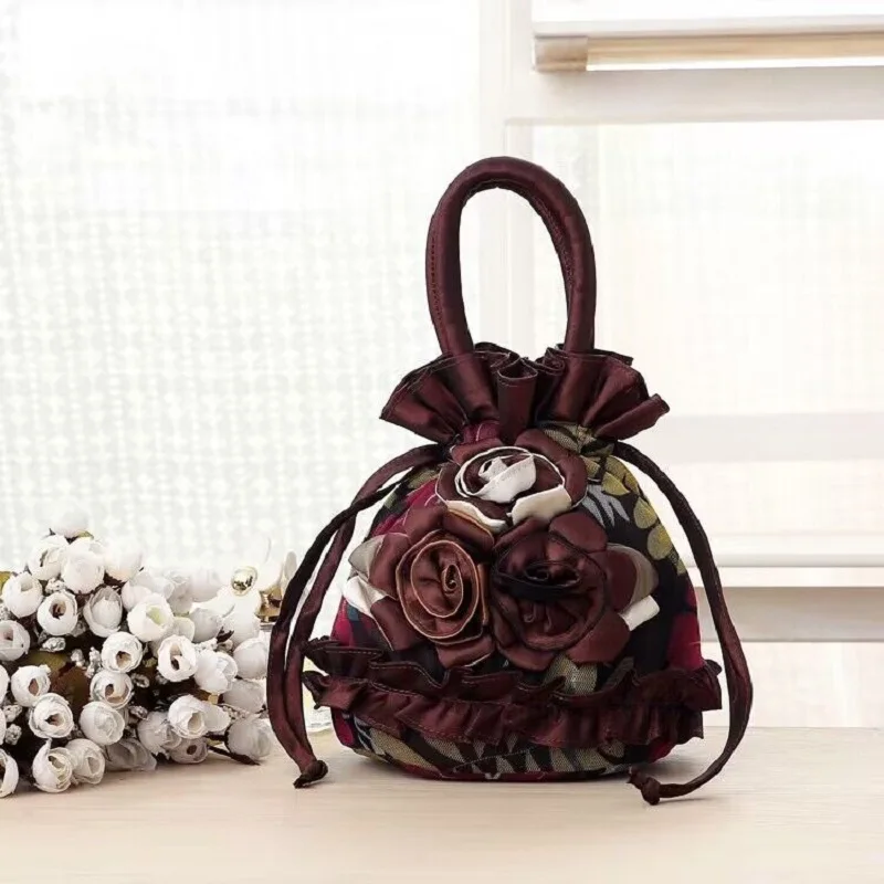 Women\'s Embroidered Silk Three Flowers Handbags Ethnic Style String Bags