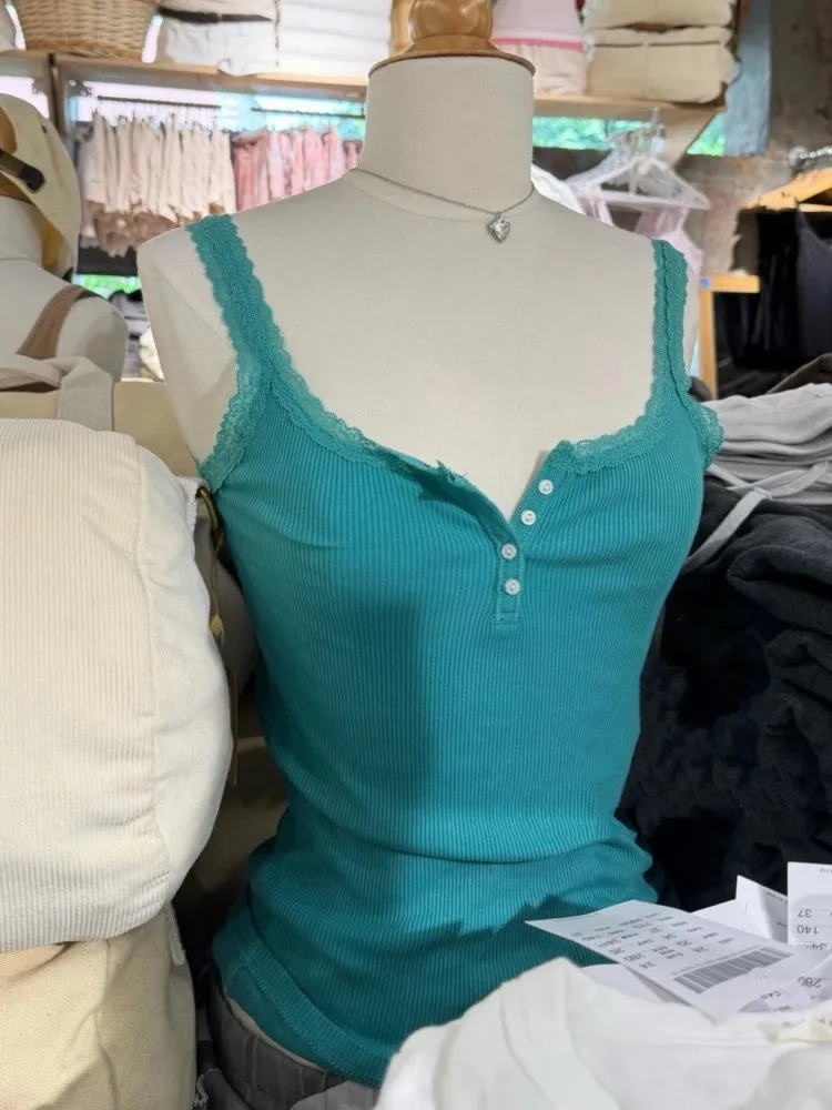 Ribbed Lace Trim Slim Camisole Women Summer New Casual Simple Basic Turquoise Button Vests Vintage All-match Chic Tank Tops Y2K