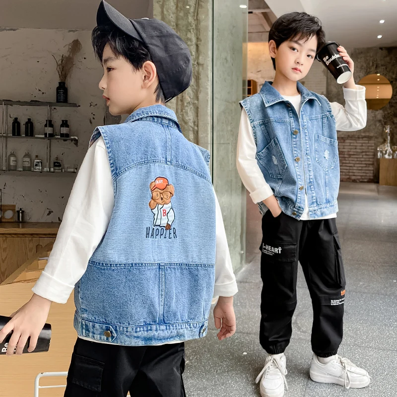 

Boys Clothing Cartoon Embroidery Jean Vest Toddler Boy Denim Vest Sleeveless Turn-down Collar Baby Boys Coats 2-12 Years