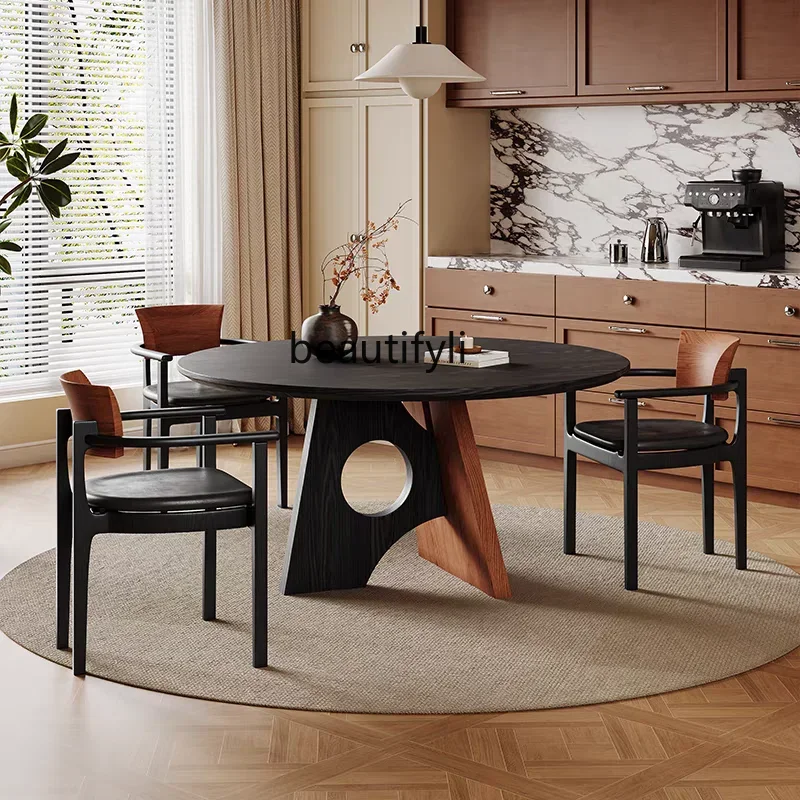 

yj7 French retro round dining table household small apartment designer medium and ancient style solid wood round table