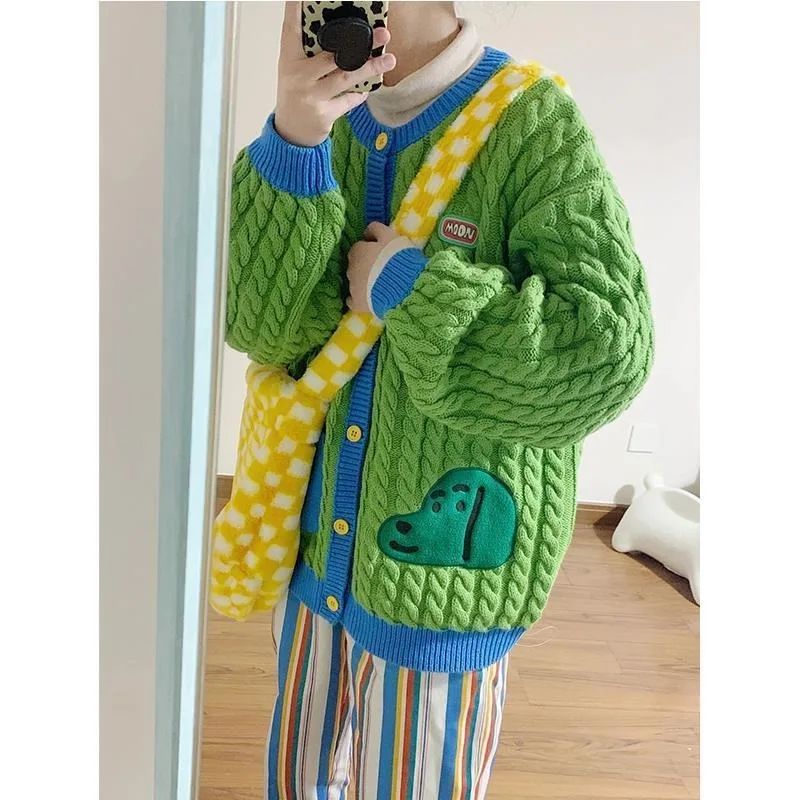 Women Autumn and Winter 2023 New Cardigan Sweater College Green Thick Fried Dough Twists Loose Round Neck Sweater Thickened