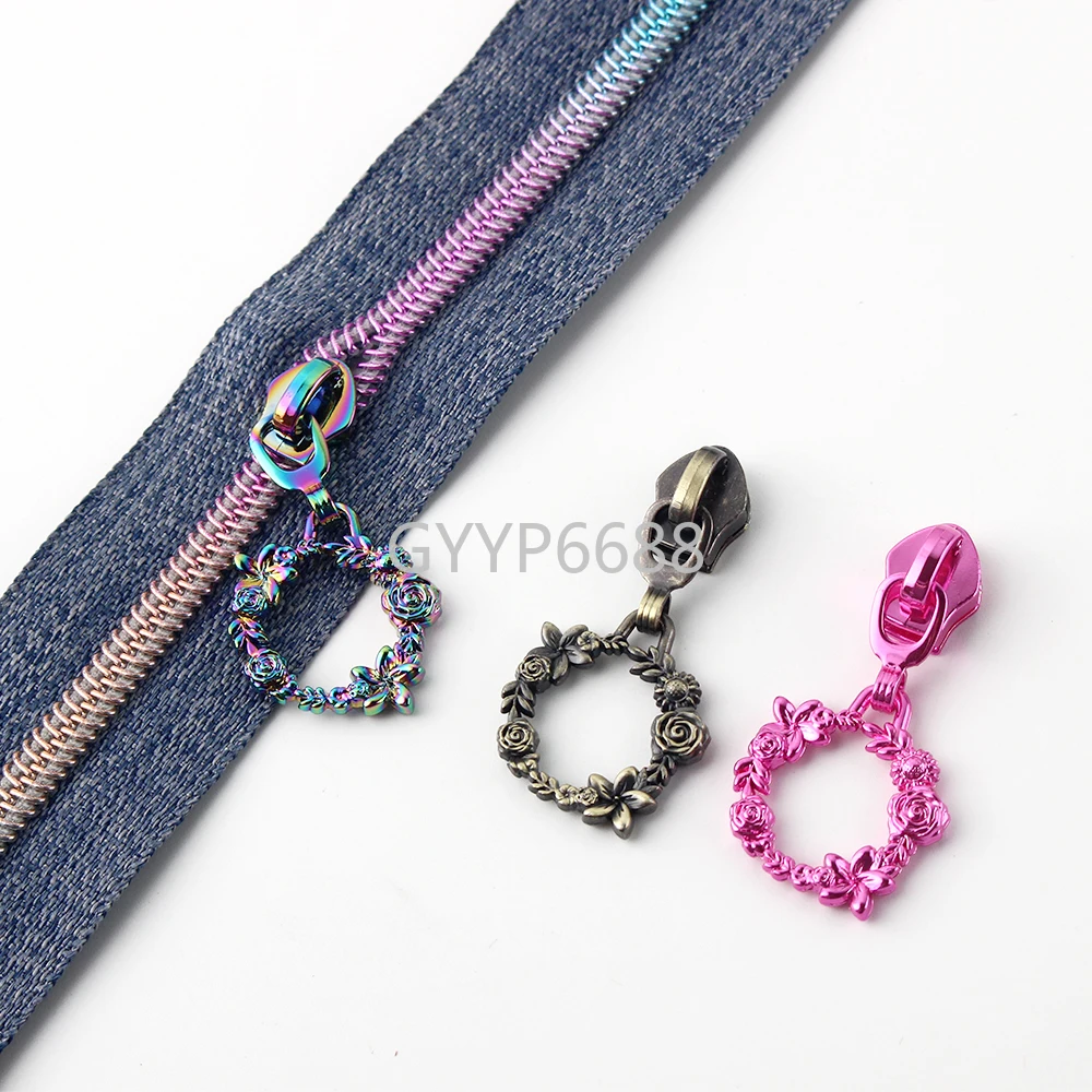 10-50-100PCS Flower Wreath Ring Shape 5# Nylon Zipper Sliders Head For Purse Bags Zip Pendant Repair Garment Decor Accessories