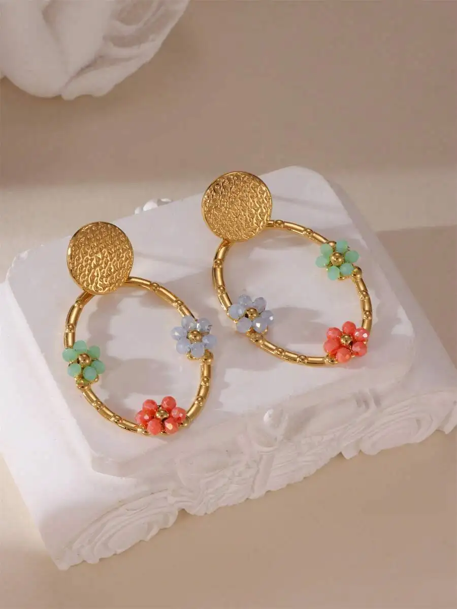 Crystal Flower Round Dangle Earrings For Women Stainless Steel