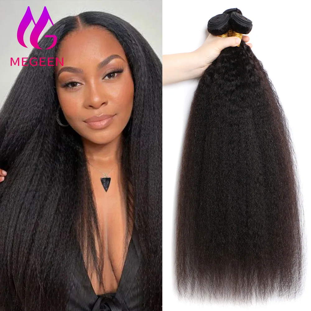 

Megeen Remy 100% человеческие волосы для наращивания, натуральные черные прямые Yaki, 1/3/4 бразильские волосы, двойные уточные волнистые волосы для женщин