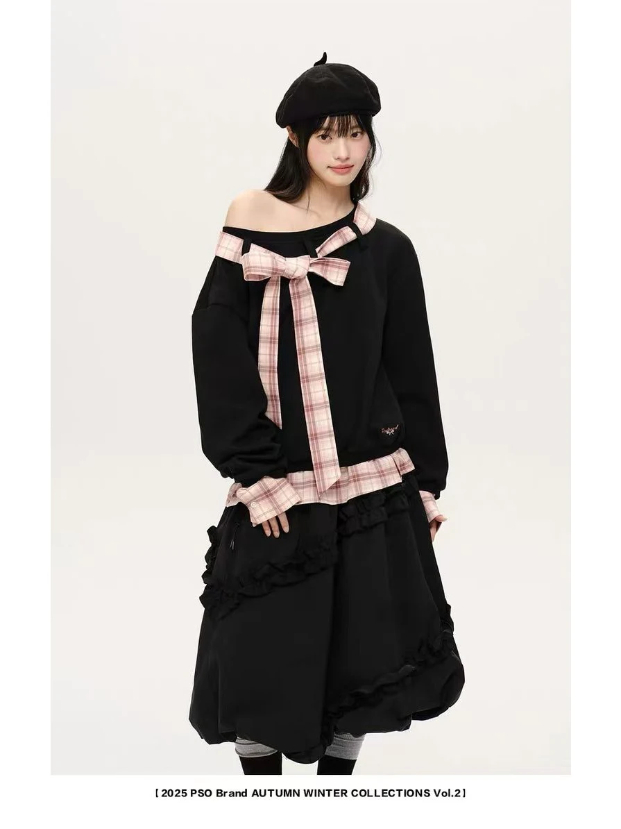 เสื้อสเวตเตอร์ทรงหลวมสไตล์เรโทร ลายสก็อต ดีไซน์ผูกปม ขนาดใหญ่พิเศษ 300 ปอนด์ แฟชั่นเกาหลี สำหรับฤดูใบไม้ร่วง