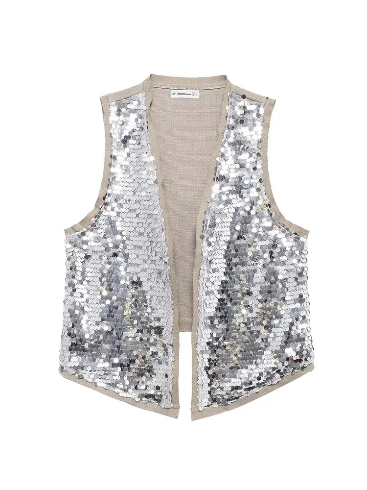 TRAF Fashion Sleeveless Silver Sequins Vest Women 2024 Crop Top Short Skirt Two Piece Set Female Casual Outfits