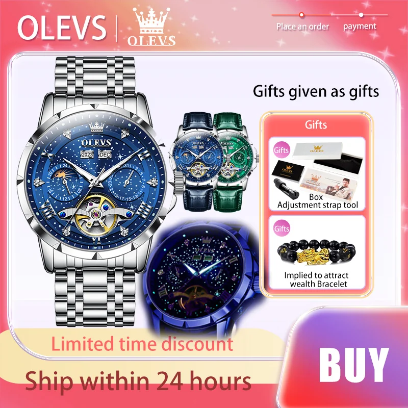 OLEVS Top Brands Fashion Original Men\'s Watches Starry Sky Dial Luminous Skeleton Fully Automatic Mechanical Watch Waterproof