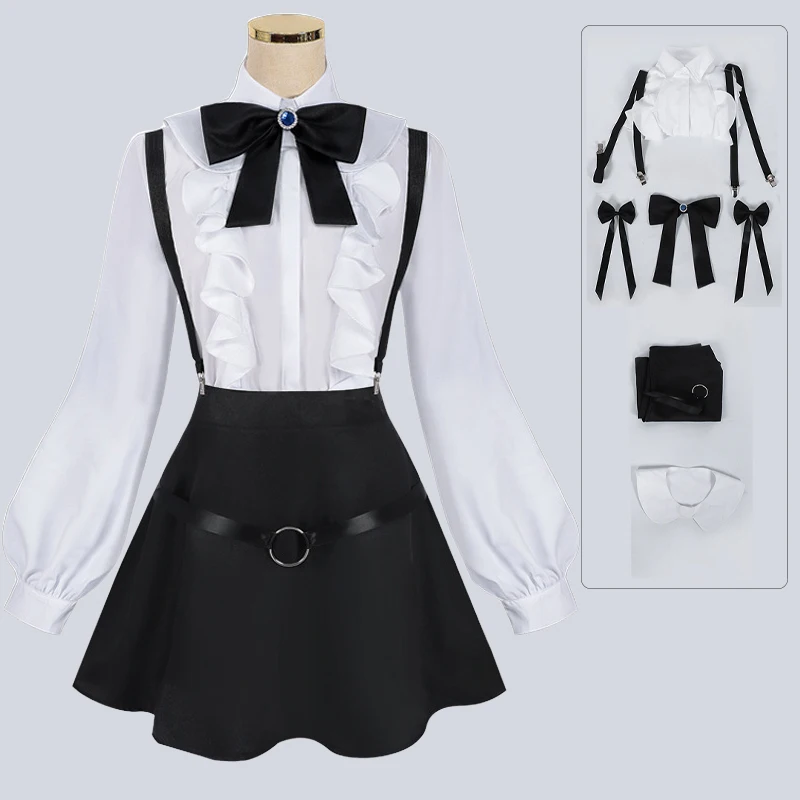 أنيمي ألينا البرسيم تأثيري حلي نقابة الاستقبال سولو بوس JK دعوى S-2XL قميص أبيض أسود الانحناء غطاء الرأس فساتين حريمي