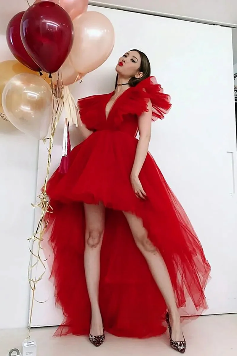 Red Tulle Evening Dresses Deep V-neckline Flutter Sleeves High-low Puffy Asymmetric Celebrity Formal Occasion Prom Party Gowns