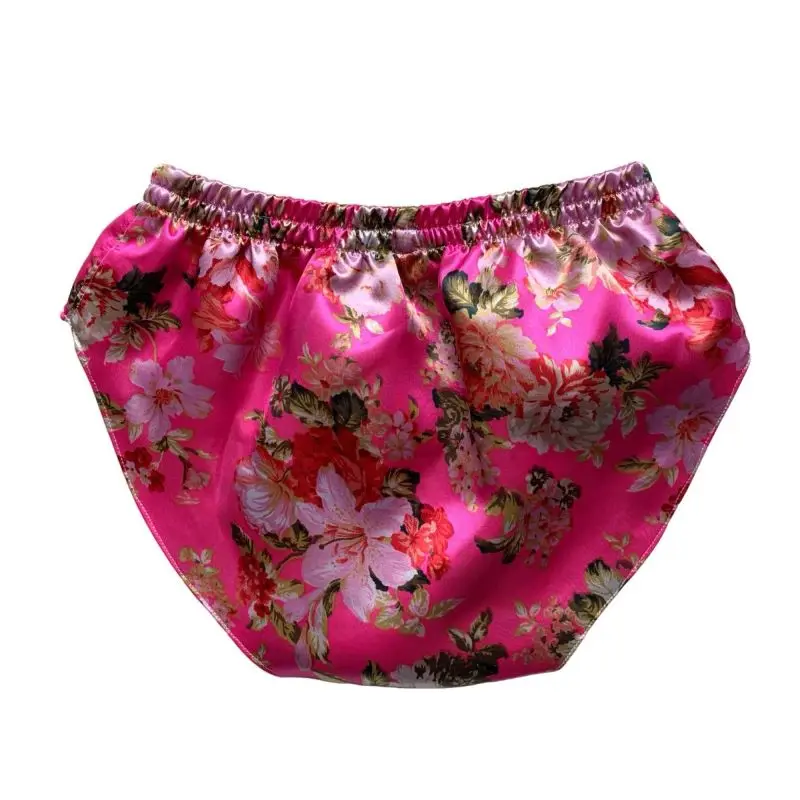 Unisex Sexy Silk Satin Briefs Floral Print Double Layer Smooth Soft Non-Stretchy Underpants Couple Mid-rise Triangle Underwear