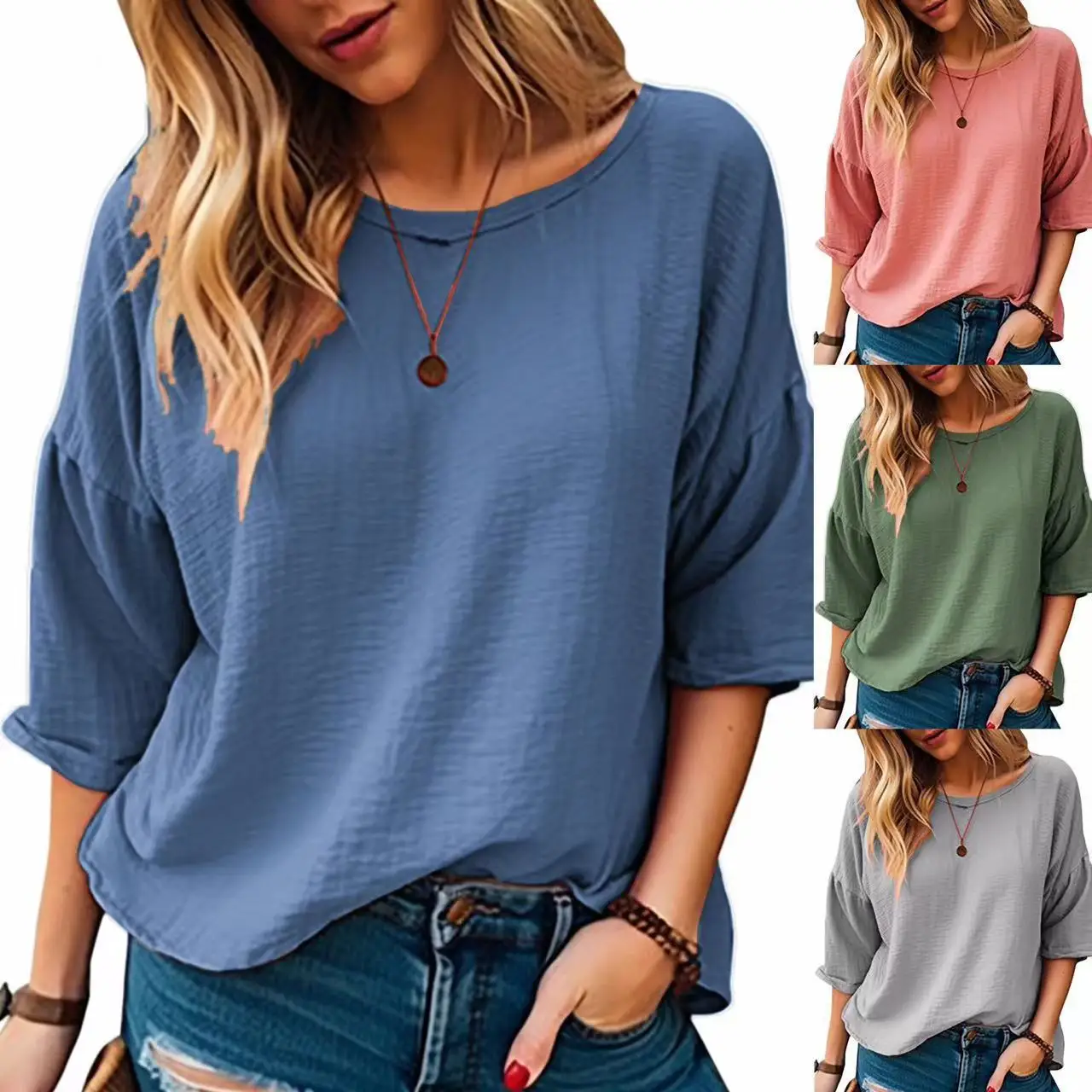 

Women's Casual T-Shirts Solid Color Round Neck Loose Three Quarter Sleeved Female Basic Tees Elegant Summer V-neck Tops Pullover
