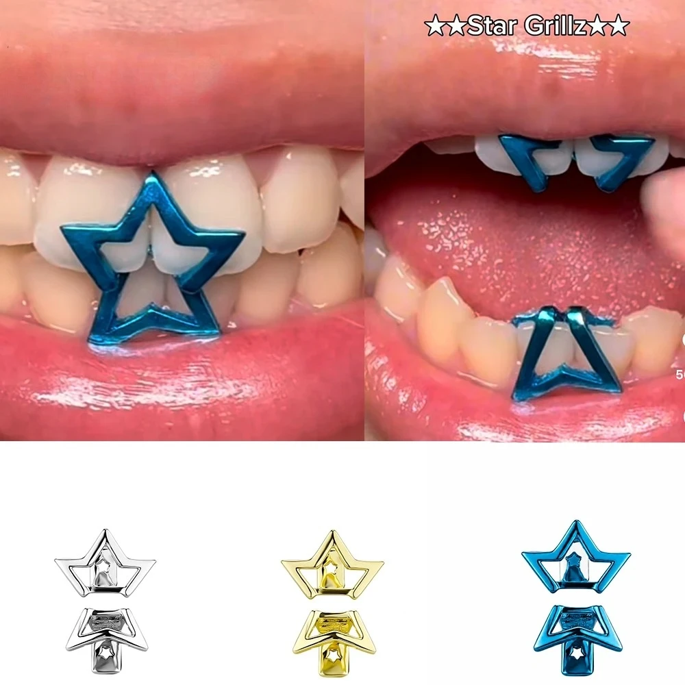 2pcs Hip Hop Upside Five-Pointed Star Teeth Grillz Set for Men & Women Top And Bottom Sparkling Punk Rapper Christmas Gift