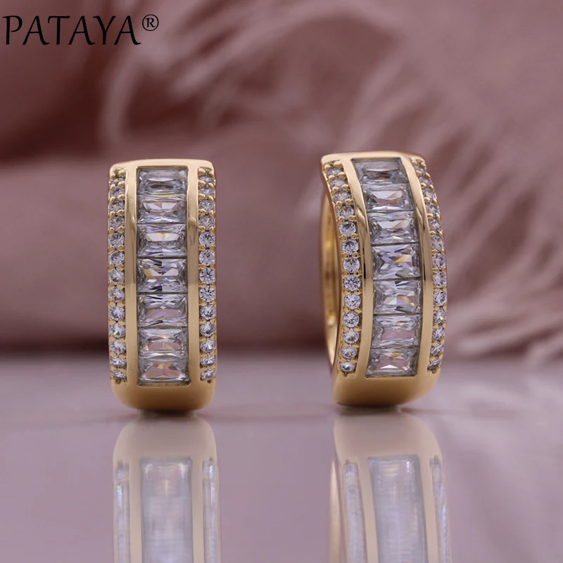 PATAYA Vintage 585 Rose Gold Color Jewelry Set Pattern Double Row Sparking Natural Zircon Wedding Earrings Ring