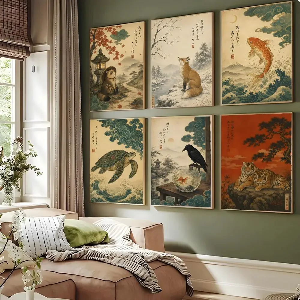 Vintage Japanese ukiyoe animal wave print Poster Waterproof Sticky Wall Art Print For Bedroom Living Room Hallway Bar Home Decor