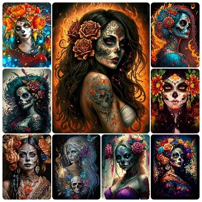 5D DIY Day of the Dead Floral Sugar Skull Lady Diamond Painting Dark Gothic Style Mexican Characters Combination Home Wall Decor