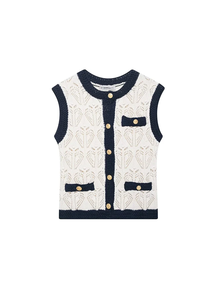 

KUCLUT Women Fashion With Pockets Jacquard Single Breasted Knitted Vest Tank Tops Vintage O-Neck Sleeveless Female Chic Lady Top