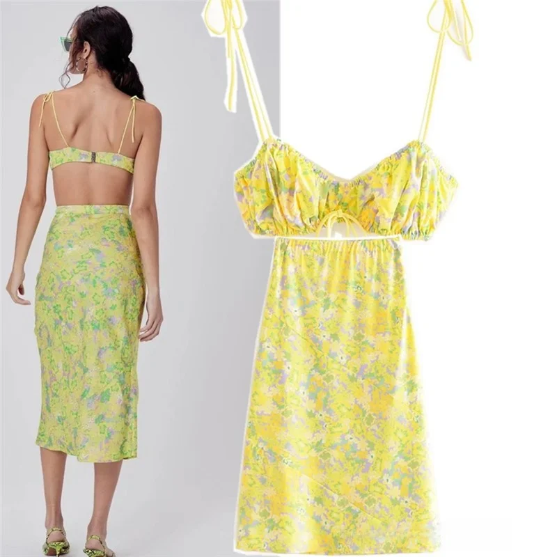 

Slimming Fit Yellow een Le Print Bustier Top And Elastic Waist Skirt Set Women's Street Sle Summer New Arrival