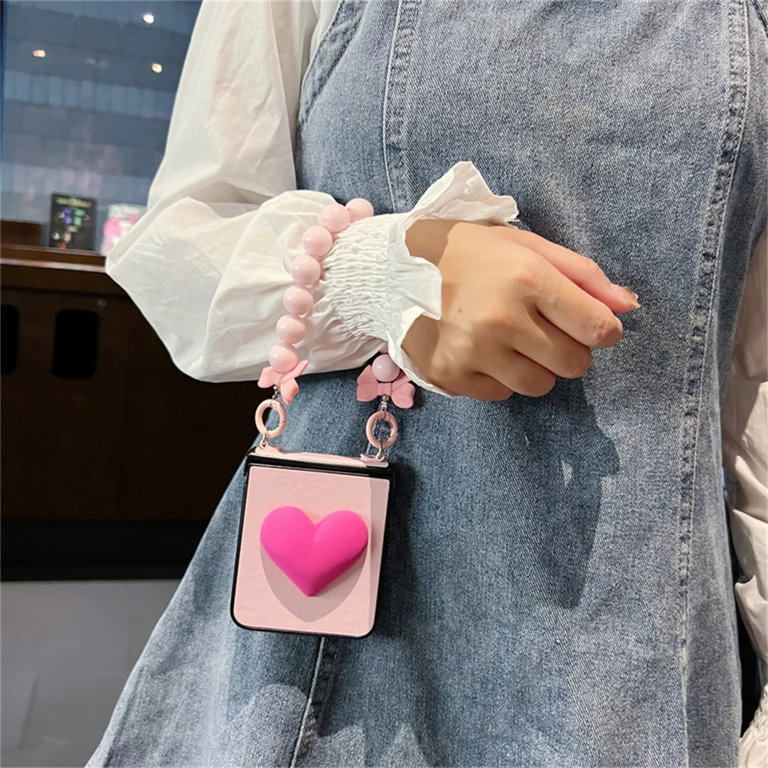 Ins Korean Cute Pink Love Heart Bow Chain Portable Phone Case for
