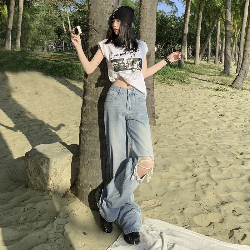 

New Arrival Women's Jeans American Style Ripped Back Leg Notch Design Women Clothing Fashion Straight Leg Wide Leg Pants