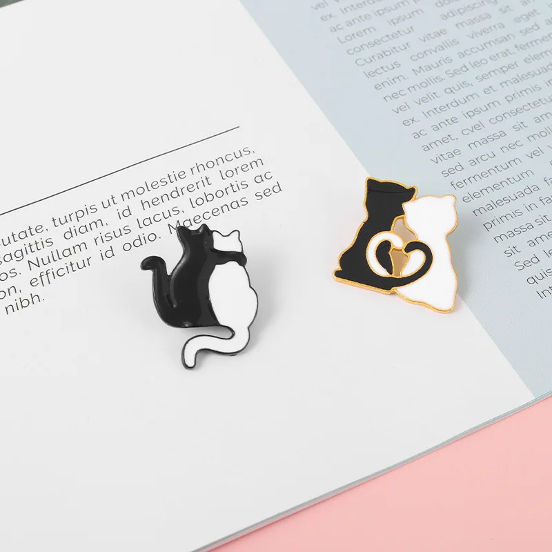 Cartoon Black White Animal Hug Enamel Pins Fox Koi Fish Dinosaur Deer Rabbit Crescent Ghost Alloy Brooch Badge Fashion Jewelry