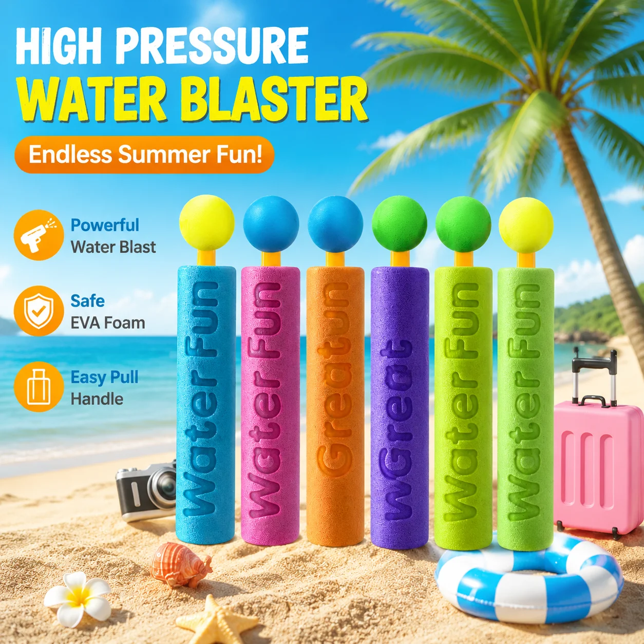 Water Gun Toy for Kids Summer Beach Outdoor Play, EVA Foam High Pressure Water Blaster with Pull Handle