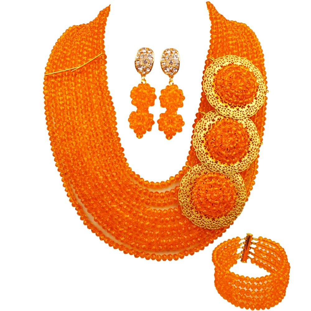 

10 Rows Fashion Orange African Beads Jewelry Sets Crystal Nigerian Wedding Necklace Bracelet Earrings