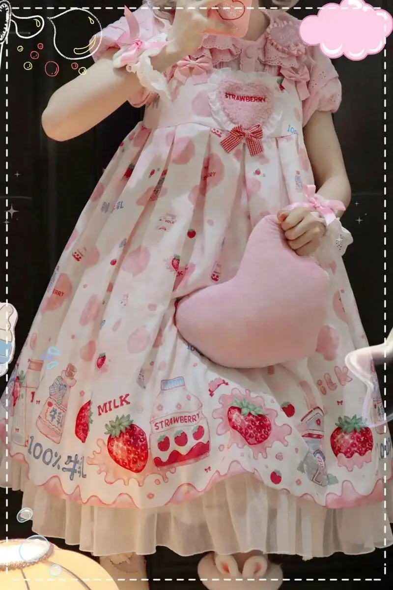 

Sweet Pink Lolita Style JSK Print Princess Dress Women Cute Bow Lace Party Strap Dresses Girly Harajuku Kawaii Y2k Mini Vestidos