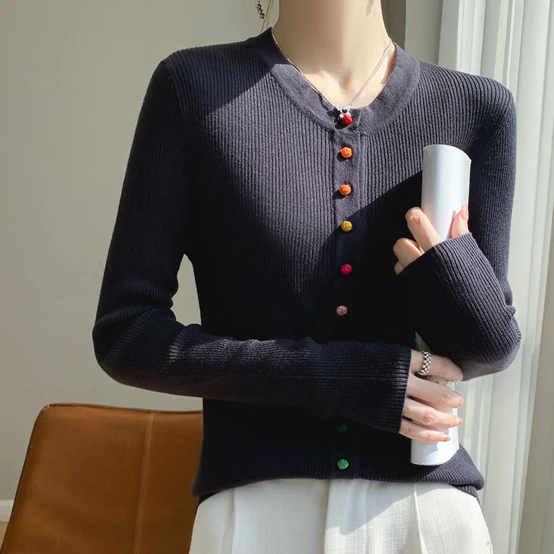 Women's Cardigan Autumn/Winter 100% Wool Sweater Casual Solid Knitted Sweater Round Neck Bottoming Tops  Basic Slim Blouse