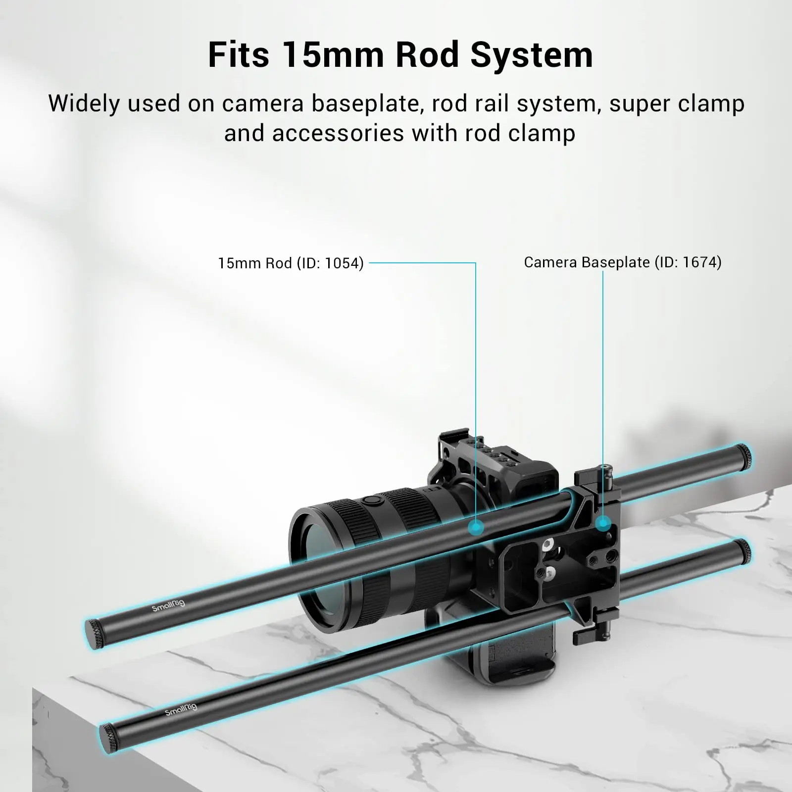 SmallRig Camera 15mm Rail Rod Aluminum Alloy Rod with M12 Female Thread DSLR Rig - 40cm 16 Inches Long 1054 (Pack of 2)