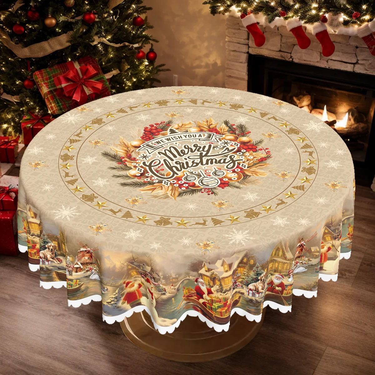 Christmas and New Year theme tablecloth, Santa Claus snowman Christmas tree deer winter snow bridge running water tablecloth