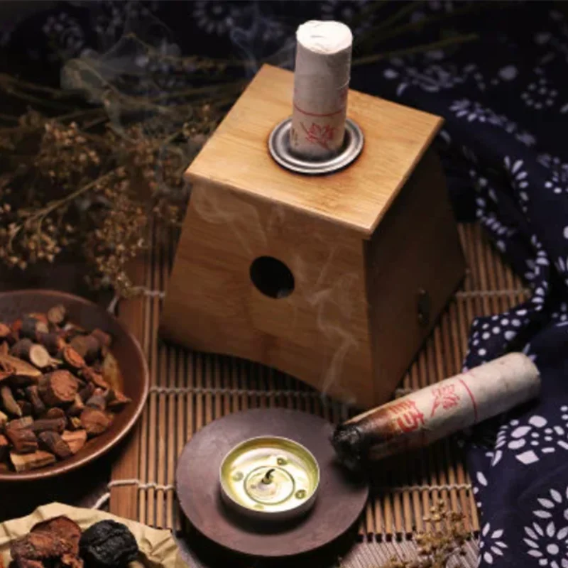 Huashen Brand Smokeless Moxa Sticks 5Pcs – Natural Pure Mugwort TCM for Pain Relief, Includes 1-Hole Bamboo Moxibustion Box