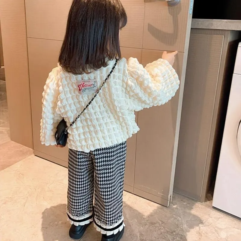 Newborn Fashion Girl Cotton Ruffled Plaid Pants Infant Toddler Black White Lining Wide Leg Spring Autumn Baby Clothes 18M-7Y