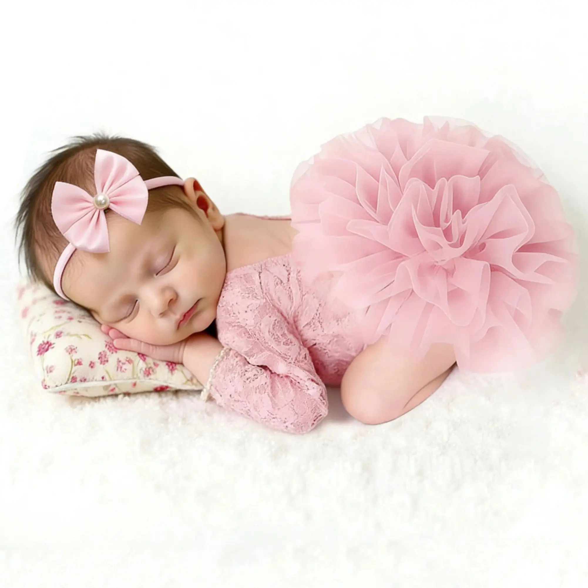Ylsteed Newborn Lace Flower Headband And Bodysuit Set For 100th Day Baby Photoshoot Outfit Infant Photo Prop Baby Shower Gift-HD view 5