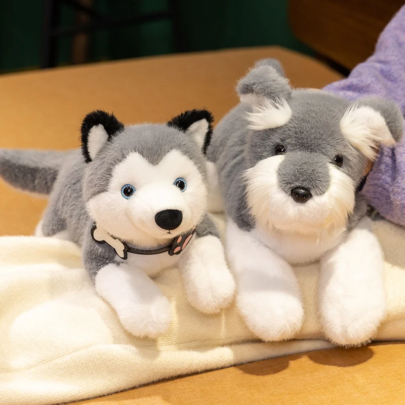 Simulation RealLife Lying Schnauzer Plush Toys Soft Stuffed Fluffy Animals Cute Puppy Husky Dolls for Kids Birthday Gifts Decor
