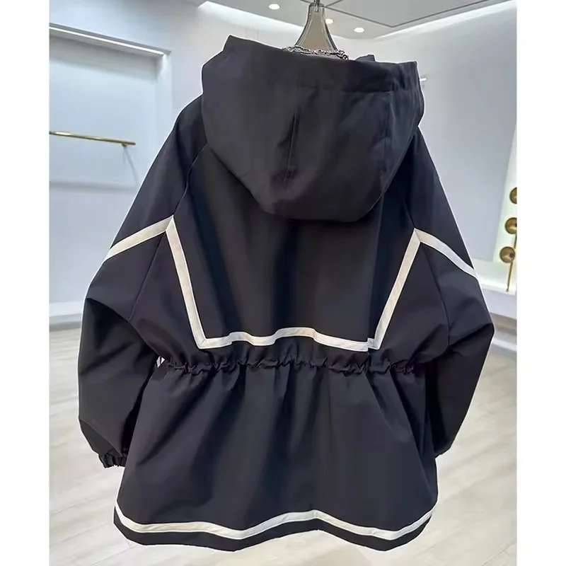 

Fashion Hooded Stitching Contrast Jacket Women's 2025 New Spring Autumn Waistband Leisure Loose Short Trench Coat Female
