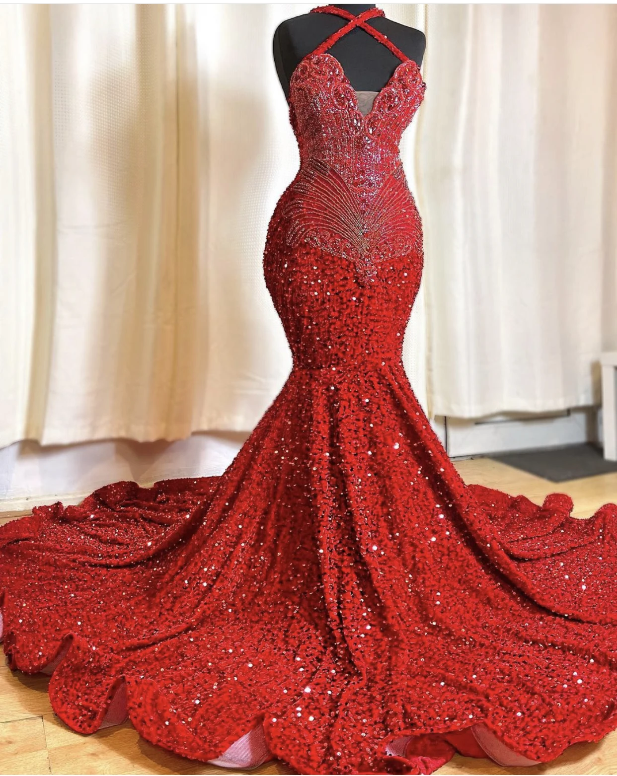 Sparkly Rhinestones Red Long Prom Dresses 2025 Luxury for Black Girl Mermaid Beaded African Formal Evening Gala Gowns Graduation