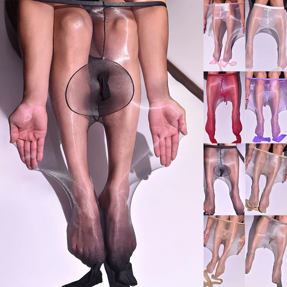 Men's Sexy Silk Socks Sheer Oil Shiny Glossy See Through Pantyhose Pouch Sheath Stockings Ultra-Thin Elastic Tights Funny Socks