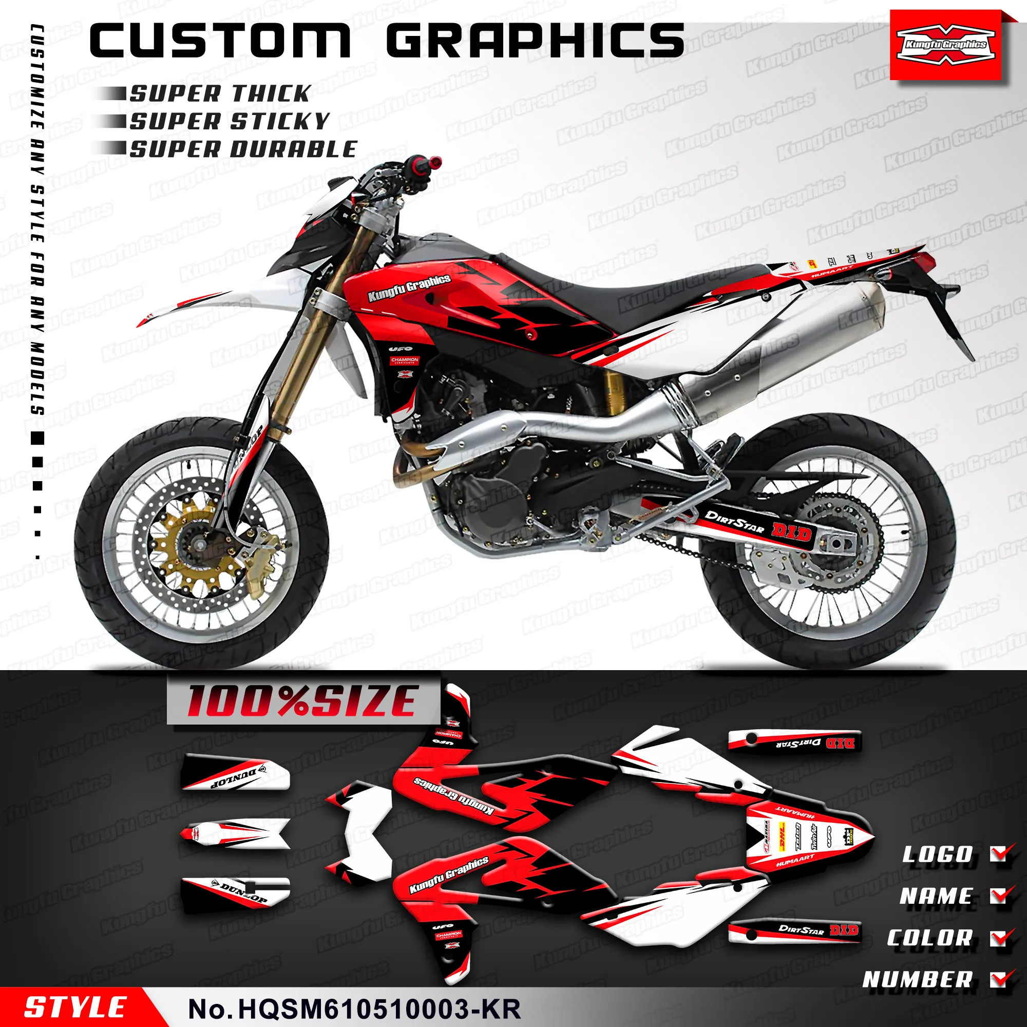 

KUNGFU GRAPHICS Personalised Sticker Decals Kit for Husqvarna SM 610 2005 2006 2007 2008 2009 2010, HQSM610510003-KR