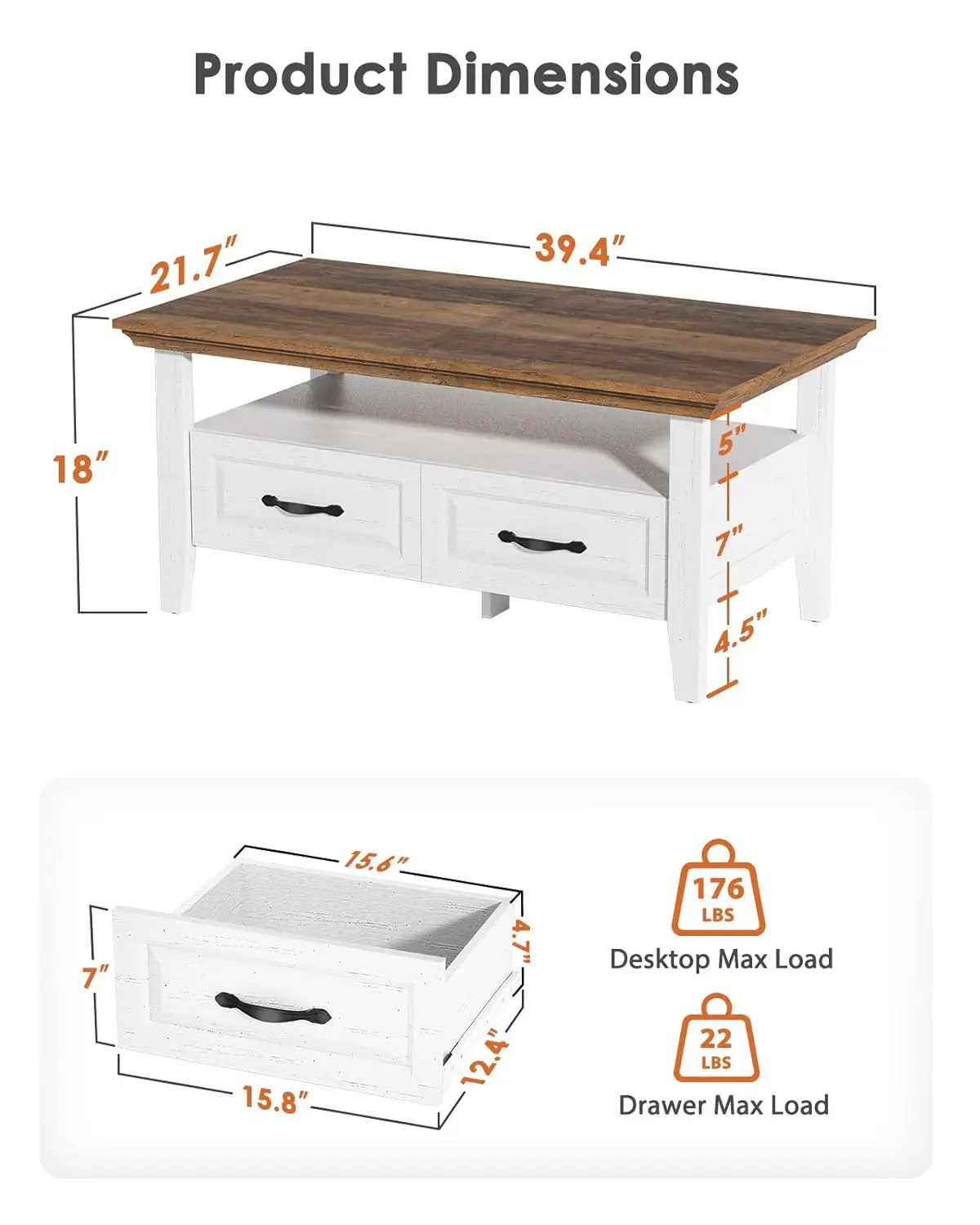 Coffee Table For Living Room, 39.4" Small Coffee Table With Storage, Open Display Shelf And Hidden Drawers