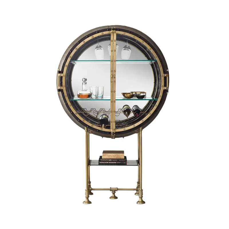 stainless steel high-end wine cabinet round designer villa large flat floor living room retro wall storage display cabinet